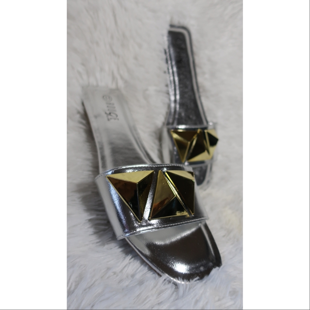 Metallic Silver Slide On Sandals with Gold Geometric Accents